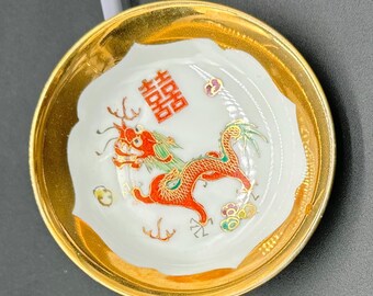 Vide-poches dragon vintage en porcelaine de Chine, bord doré, Double bonheur
