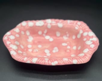 Porte-savon vintage rose blanc moucheté en céramique, années 50