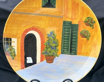 Assiette italienne peinte à la main, scène de village, fabriquée en Italie