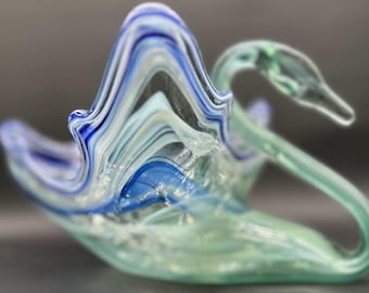 Centre de table vintage style cygne en verre bleu sarcelle de style Murano