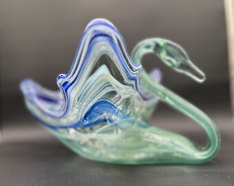Centre de table vintage style cygne en verre bleu sarcelle de style Murano