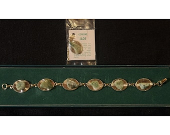 Bracelet en jade véritable vintage, montures dorées