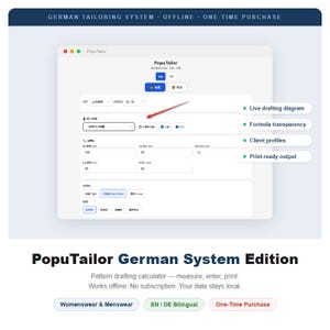 Może przedstawiać: Interfejs oprogramowania o nazwie PopuTailor German System Edition do tworzenia wykrojów. Ekran zawiera pola wprowadzania wymiarów, czerwoną strzałkę wskazującą menu wyboru oraz etykiety dotyczące diagramów i wydruku.