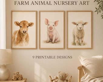 May include: Three framed wall art prints featuring watercolor illustrations of a brown calf, a pink piglet, and a white lamb. The text FARM ANIMAL NURSERY ART and 9 PRINTABLE DESIGNS is displayed in dark brown lettering above and below the artwork.