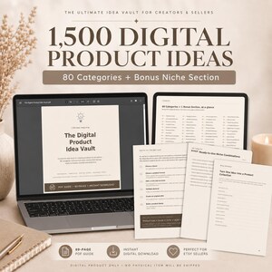 May include: A laptop displaying a PDF guide titled The Digital Product Idea Vault, accompanied by printed pages showing 80 categories and bonus niche sections. The text includes 1,500 Digital Product Ideas, 89-page PDF guide, and instant download.