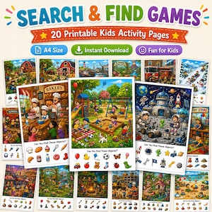 May include: A collection of 20 printable kids activity pages titled Search & Find Games. Each page features a colorful, detailed illustration with a list of items to locate at the bottom, including themes like a bakery, playground, and space.