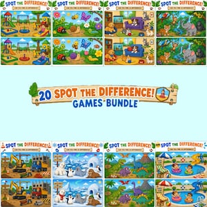 May include: A bundle of 20 "Spot the Difference" games. Each game features colorful illustrations of various themes, including playgrounds, animals, and construction sites. The games are designed to challenge players to find 10 differences.
