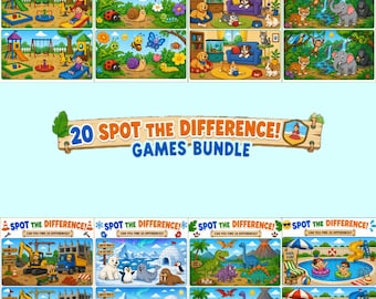 Zestaw puzzli do druku „Znajdź różnice”, 20 zabawnych stron z aktywnościami dla dzieci, puzzle różnicowe, rozrywka bez ekranu, gra edukacyjna w podróży