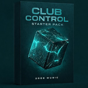 May include: A product box with the text "CLUB CONTROL STARTER PACK" in teal. A glowing, textured cube with teal lightning-like patterns is featured. The ZODE MUSIC logo is at the bottom. The background is a dark teal.