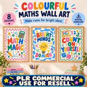 May include: Three framed wall art prints featuring colourful maths-themed illustrations. The posters display text including "MATH MAGIC," "BRIGHT MINDS DO MATH," and "COUNT ON YOURSELF," alongside graphics of a calculator, lightbulb, and abacus.
