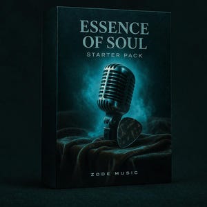May include: A product box with the text "Essence of Soul Starter Pack" featuring a vintage microphone and a guitar pick. The design is set against a dark teal background with a spotlight effect, and the Zode Music logo is at the bottom.