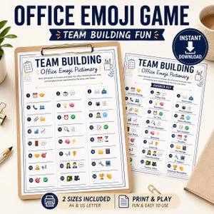 Könnte beinhalten: Ein druckbares Büro-Emoji-Spiel auf weißem Papier mit blauem Text und bunten Emoji-Symbolen. Das Spielblatt enthält eine Liste nummerierter Emoji-Hinweise für bürobezogene Begriffe sowie einen Antwortschlüssel. Das Dokument ist als Team Building Office Emoji Pictionary betitelt und enthält Anleitungen für Einzel- oder Gruppenspiele, verfügbar in A4- und US-Letter-Formaten.