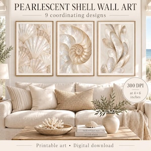 Puede incluir: Tres impresiones de arte mural enmarcadas tituladas Pearlescent Shell Wall Art, con 9 diseños coordinados. Las impresiones muestran conchas iridiscentes de color crema en varias disposiciones. El texto indica 300 DPI.