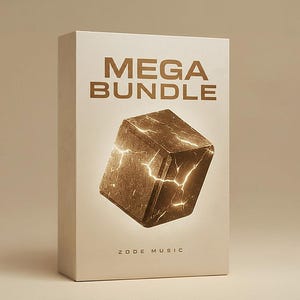 May include: A white box with the words "MEGA BUNDLE" in gold lettering. The box features a brown, cube-shaped design with glowing, lightning-like patterns. The text "ZODE MUSIC" is at the bottom.