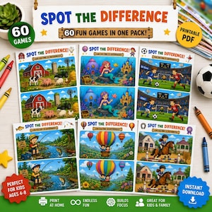 May include: A collection of Spot the Difference activity sheets featuring 60 games in a printable PDF format. The sheets display colorful illustrations of farm scenes, mermaids, soccer matches, fishing, hot air balloons, and horseback riding.