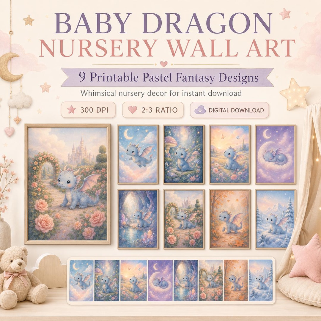 Baby Dragon Nursery Wall Art Set of 9 | Pastel Fantasy Printable Dragon ...