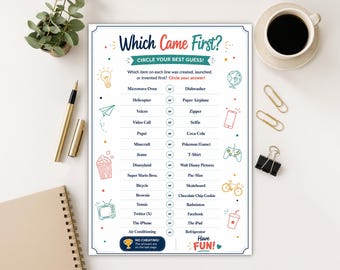 Gra quizowa „Który był pierwszy”, quiz do wydrukowania, gra biurowa, gra na przełamanie lodów, gra wiekowa, gra imprezowa, rodzinny wieczór quizowy, PDF