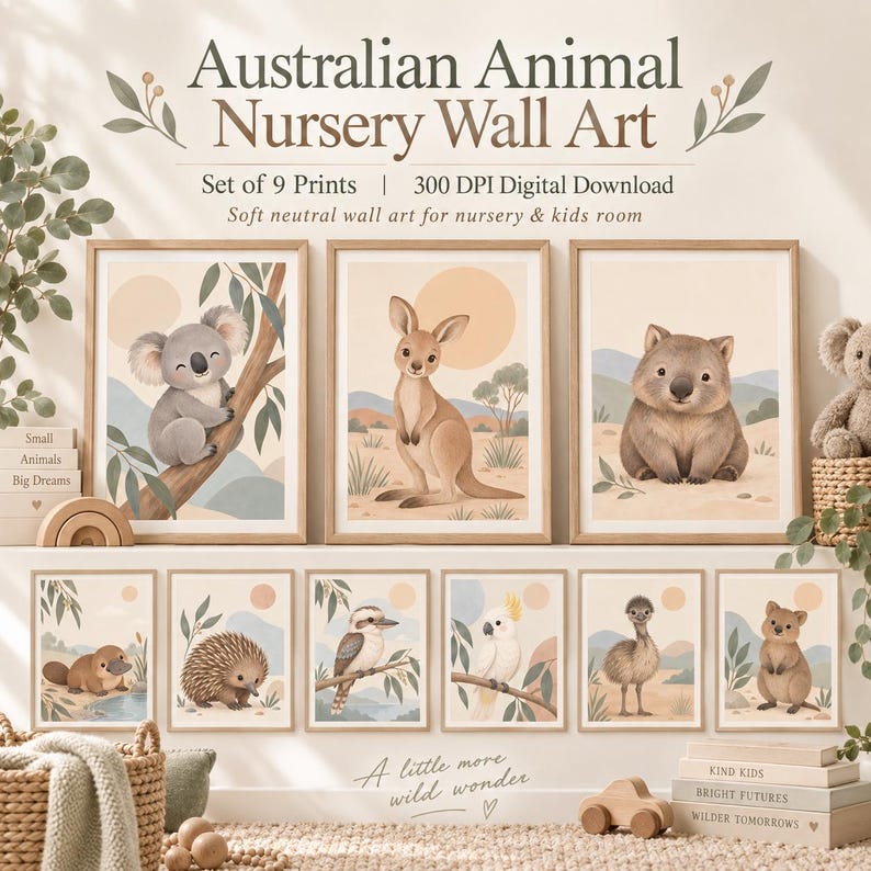 Australian Animal Nursery Wall Art Set of 9, Printable Koala Kangaroo ...