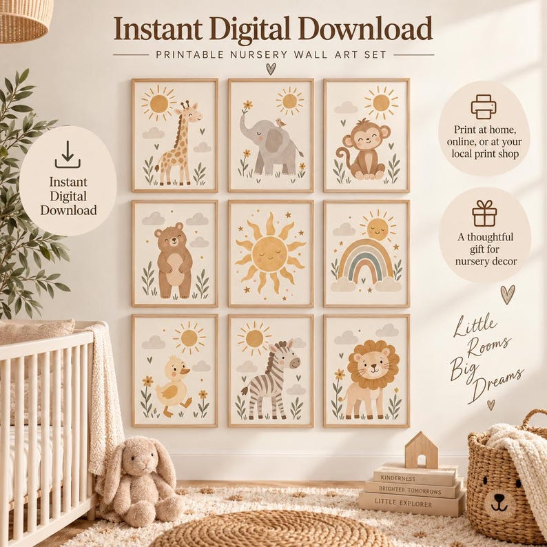 Neutral Safari Nursery Wall Art Set of 9 | Boho Animal Prints | Instant ...
