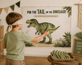 Plakat do druku z grą "Przypnij ogon dinozaurowi", gra urodzinowa, gra "Przypnij ogon dinozaurowi" do pobrania natychmiast