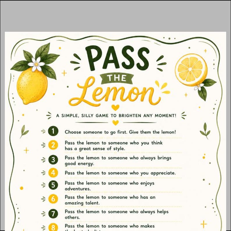 Pass the Lemon Game Printable | Fun Party Game for Kids and Adults ...