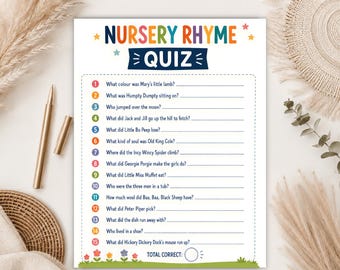 Szablon gry na baby shower z wierszykami dla dzieci, quiz wiedzy o książkach dla dzieci do druku, wersja cyfrowa do pobrania