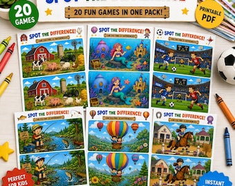 Zestaw puzzli do druku „Znajdź różnice”, 20 zabawnych stron z aktywnościami dla dzieci, puzzle różnicowe, rozrywka bez ekranu, gra edukacyjna w podróży