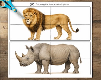Puzzle ze zwierzętami z zoo do druku, gra logiczna dla przedszkolaków składająca się z 4 elementów, gra z jednostkami zwierząt do druku, wiosenne aktywności dla uczniów szkół domowych