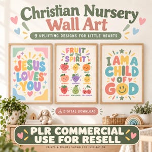 Könnte beinhalten: Drei gerahmte Wandbilder mit farbenfroher Typografie und Illustrationen im Retro-Stil. Die Drucke zeigen den Text 'Jesus Loves You', 'Fruit of the Spirit' mit verschiedenen Fruchtdarstellungen und 'I Am A Child Of God' mit einem Smiley-Symbol.