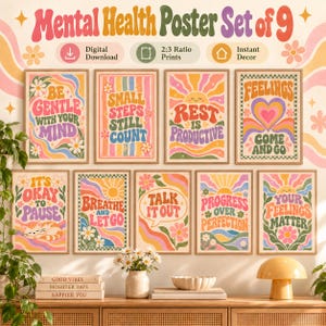 May include: A set of nine mental health posters featuring colorful, wavy, and floral designs with motivational text including Be Gentle With Your Mind, Small Steps Still Count, Rest Is Productive, Feelings Come And Go, It's Okay To Pause, Breathe And Let Go, Talk It Out, Progress Over Perfection, and Your Feelings Matter.
