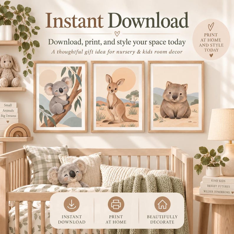 Australian Animal Nursery Wall Art Set of 9, Printable Koala Kangaroo ...