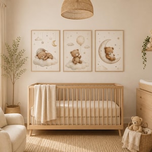 Boho Teddy Bear Cloud And Moon Wall Art Set of 3, Nursery Printable, Baby Boy Decor, Instant Download