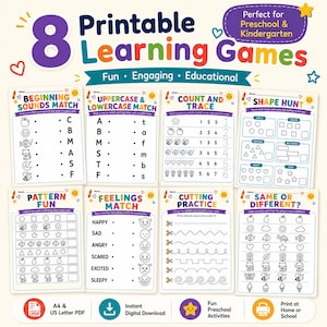 Get Ready for Kindergarten Learning Bundle, 8 Printable Games, Letters Numbers Cutting SEL Skills, Preschool Worksheets, Instant Download