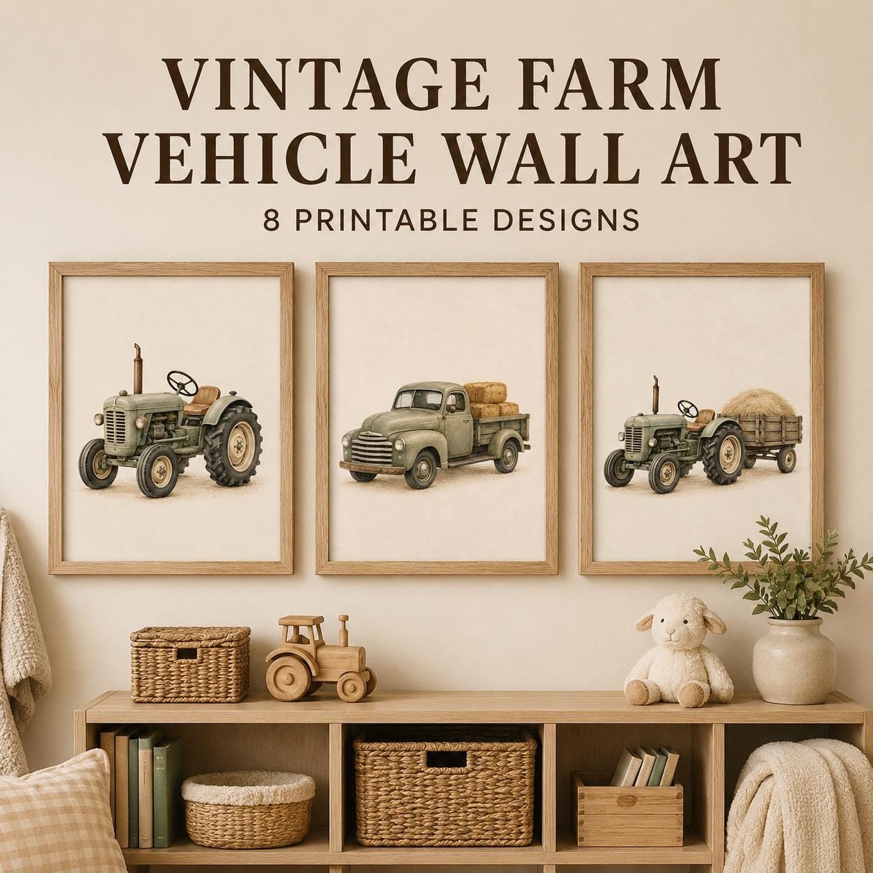 Vintage Farm Vehicle Wall Art Set of 8, Printable Tractor Truck Prints, Farm Machinery Nursery Decor, Boys Room Wall Art, Digital Download