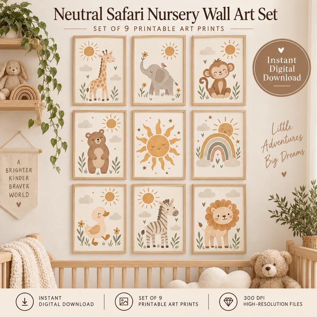Neutral Safari Nursery Wall Art Set of 9 | Boho Animal Prints | Instant ...