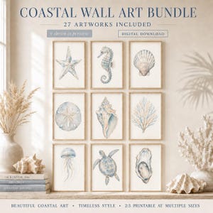 Può includere: Un pacchetto di download digitale di 27 stampe d'arte murale costiera che include nove illustrazioni ad acquerello di una stella marina, cavalluccio marino, conchiglia, dollaro della sabbia, conchiglia, corallo, medusa, tartaruga marina e ostrica.