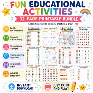 Toddler Learning Journal, 32 Printable Activity Pages, Preschool Busy Book Tracing Counting Colors Shapes, Instant Download PDF, Ages 2-5