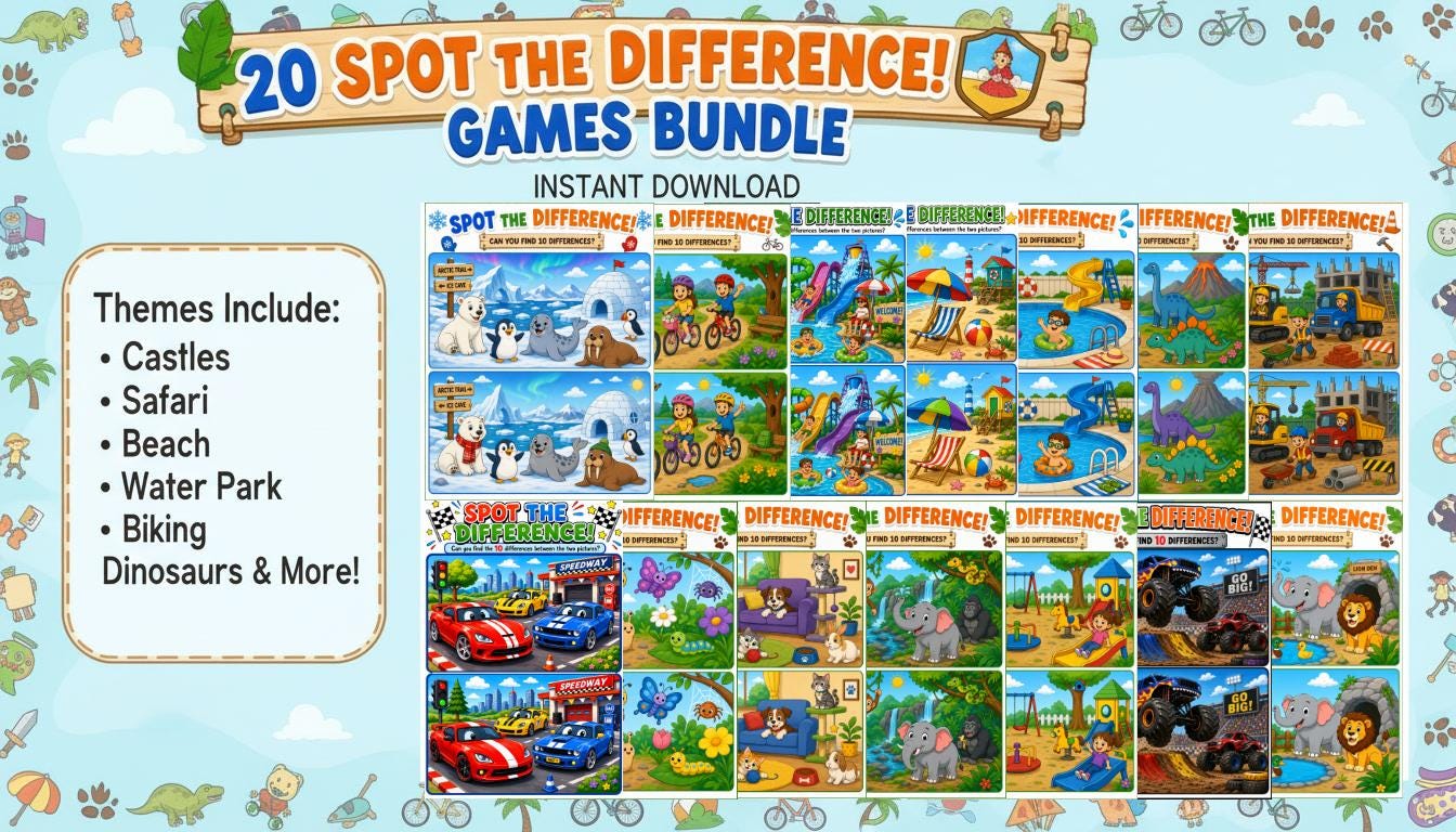 Spot the Difference Printable Puzzles Bundle, 20 Fun Kids Activity ...