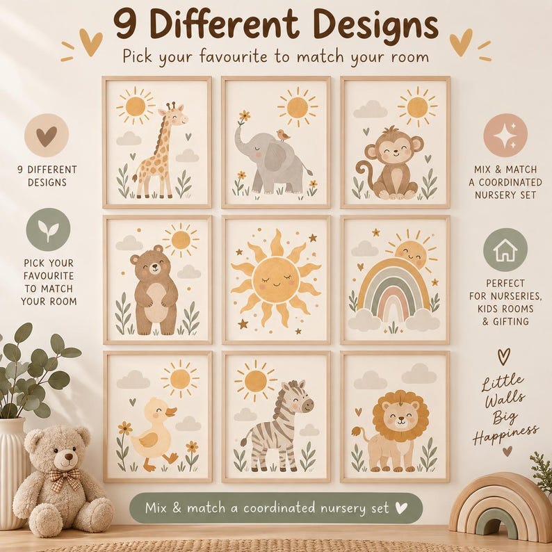 Neutral Safari Nursery Wall Art Set of 9 | Boho Animal Prints | Instant ...