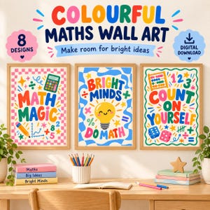 Pode incluir: Três quadros decorativos com ilustrações e texto sobre matemática. O quadro da esquerda diz MATH MAGIC, o central diz BRIGHT MINDS DO MATH com uma lâmpada, e o da direita diz COUNT ON YOURSELF com um ábaco e dados coloridos.