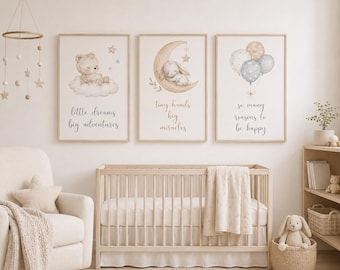 Nursery Wall Art Set of 3 Boho Nursery Prints Teddy Bear Bunny Balloon Baby Room Decor, Gender Neutral Nursery Watercolour Nursery Print Set