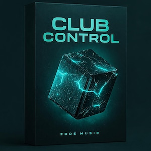 Può includere: Una scatola di prodotto con le parole "CLUB CONTROL" in un colore verde acqua brillante. Sotto il testo c'è un cubo scuro con disegni a forma di fulmine verde acqua. La parte inferiore della scatola recita "ZODE MUSIC". Lo sfondo è di colore verde acqua scuro.