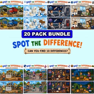 May include: A 20 pack bundle of Spot the Difference activity sheets featuring colorful cartoon illustrations. Each sheet displays two side-by-side scenes with 10 subtle variations to identify. Themes include construction sites, arctic animals, space, offices, skate parks, music, and camping.