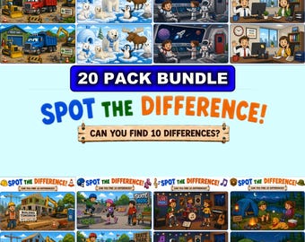 Zestaw puzzli do druku „Znajdź różnice”, 20 zabawnych stron z aktywnościami dla dzieci, puzzle różnicowe, rozrywka bez ekranu, gra edukacyjna w podróży