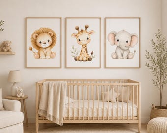 Safari Animal Nursery Printable Wall Art Set of 6 | Cute Baby Animals Watercolour Prints | Lion Elephant Giraffe Nursery Decor