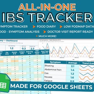 Könnte beinhalten: Eine teal- und weißfarbene Grafik für einen Reizdarm-Tracker. Der Text lautet "ALL-IN-ONE IBS TRACKER" mit Funktionen wie Symptom-Tracking, Ernährungstagebuch und einer Low-FODMAP-Datenbank. Datencharts und ein Tabellenkalkulationssymbol sind ebenfalls enthalten.