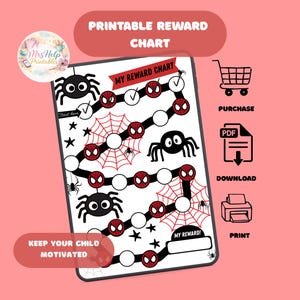 May include: Printable reward chart with a black and white spider and web design, featuring Spider-Man faces. The chart includes the text "Printable Reward Chart", "My Reward Chart", and "Keep Your Child Motivated". Icons for purchase, download, and print are also included.