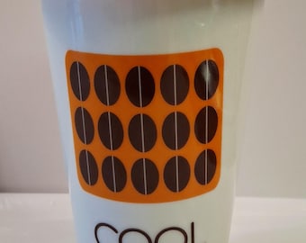 Beans Ceramic Travel Mug – Retro Coffee Cup, Mid Century Style Reusable Mug