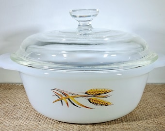 Fire King Wheat Pattern 1pt Casserole Glass Lid | Vintage Anchor Hocking Mid Century Kitchen