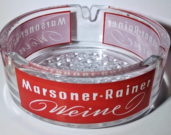 Vintage German Wine Advertising Glass Ashtray Marsoner-Rainer Weine Mid Century Bar Collectible